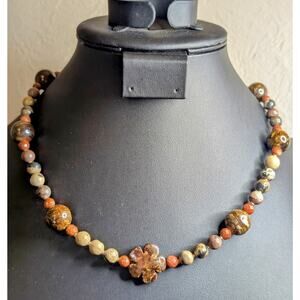 Jasper Agate Brown Stones & Goldstone Beaded Stone Flower 19.5" Necklace